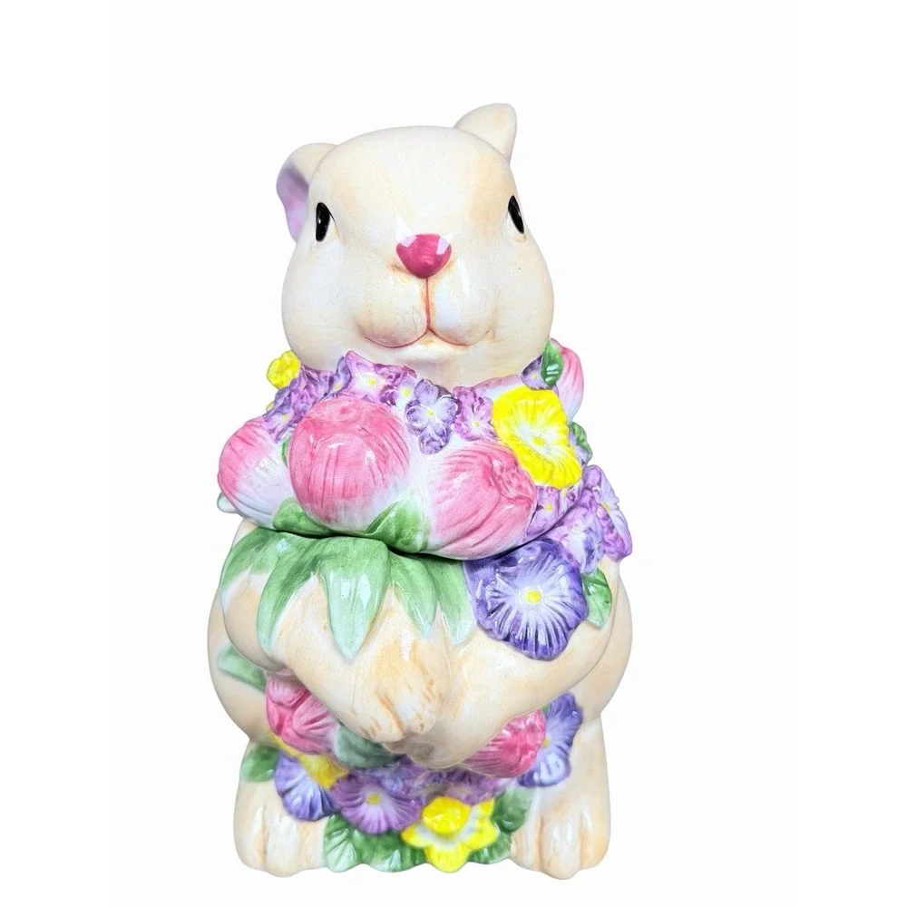 Harry & David Easter Bunny Cookie Jar Floral Rabbit Ceramic‎ Canister Spring